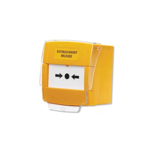 Break Glass, Yellow, surface mounting call point with hinged cover & "Extinguishant Release" text. Model: BF372 (MCP3A-Y000SG-14C)