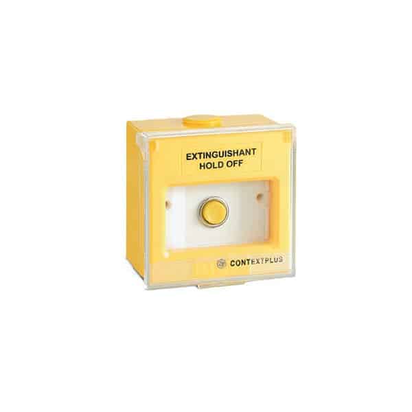 Yellow Extinguishant Hold Off button, surface mounting, with hinged cover & "EXTINGUISHANT HOLD OFF" text
