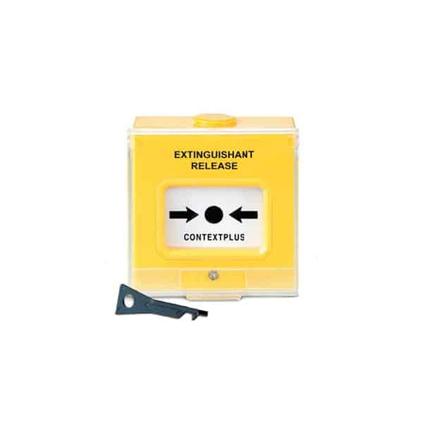 Yellow Extinguishant Release surface mounting Call Point, Resettable, with hinged cover & "Extinguishant Release" text
